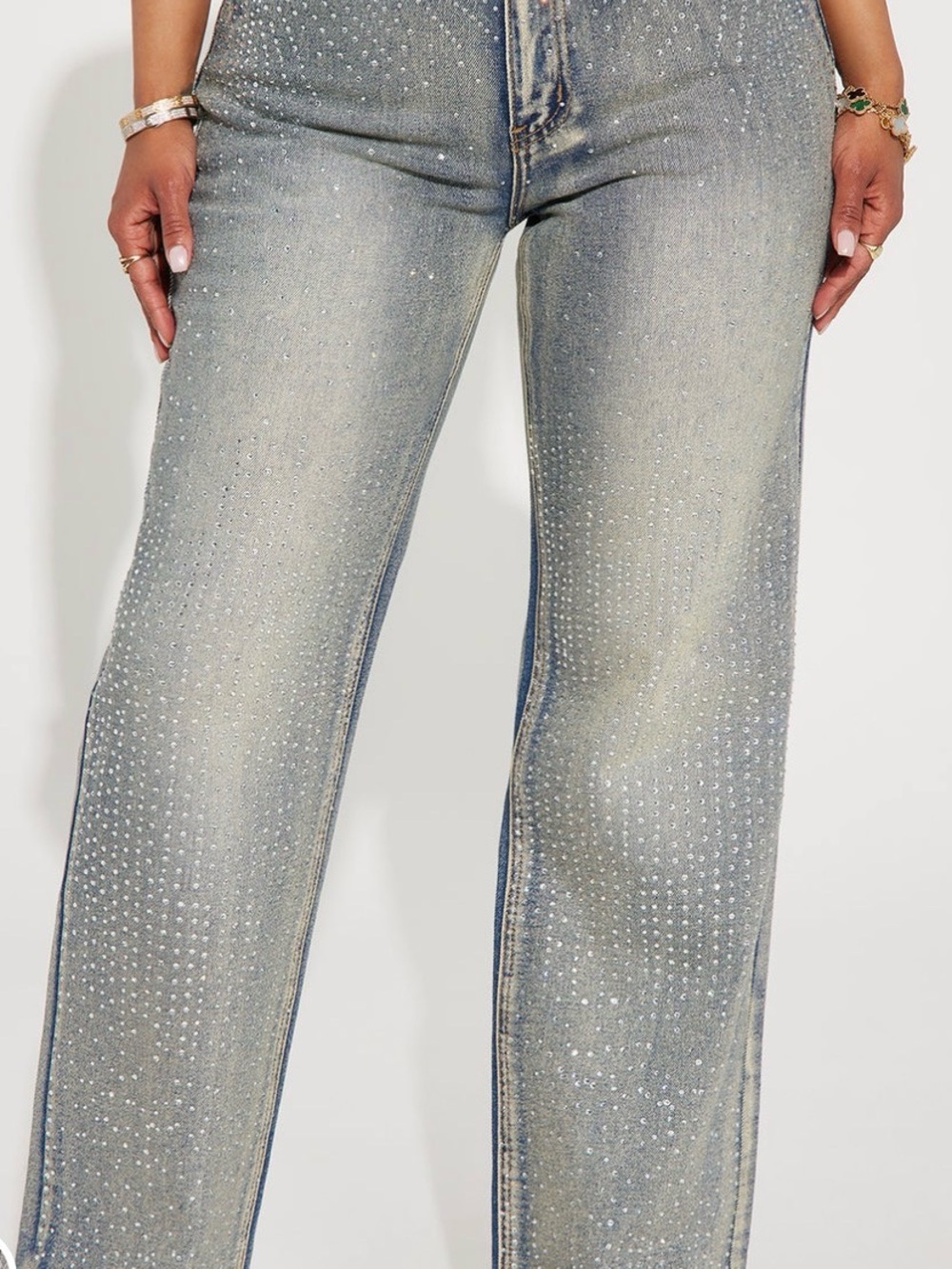 Fashion Nova Rhinestone Embellished Light Wash Women's Straight Jeans New Size14